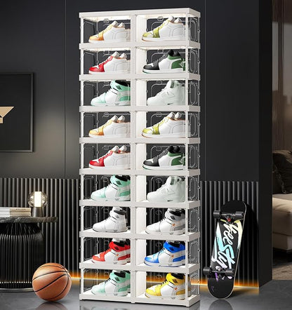 CIMLORD 9-Tier 18-Pairs Foldable Shoe Rack with Magnetic Doors,4-Sided Clear Design,Taller Storage for High Shoes & Sneakers,Stackable Shoe Storage Cabinet Space-Saving Organizer for Closet,Cloakroom