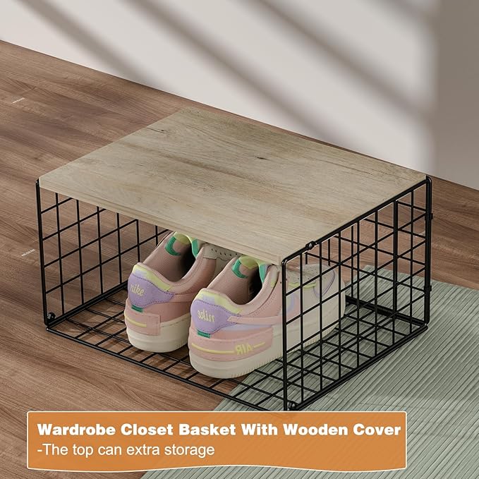 Wider Stackable Closet Organizers and Storage with Wood Top, 3 Pack Closet Shelf Organizer, Space-Saving Clothes Storage Bins for Wardrobe & Bedroom & Small Spaces, Sturdy Metal Black