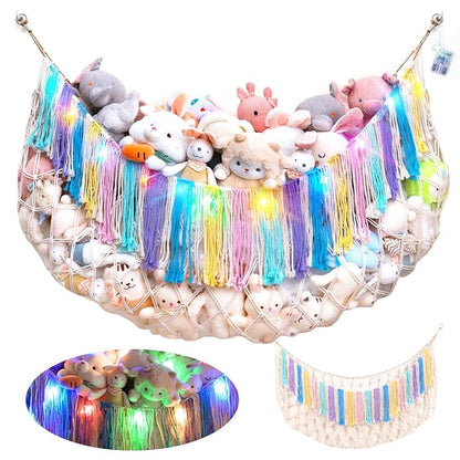 Stuffed Animal Hammock Net with Lights - Xlarge Wall Hanging Stuffed Animal Storage for Plushie Toys and Teddy Bears,Boho Stuffy Hammock for Kids Bedrooms Playroom Nursery