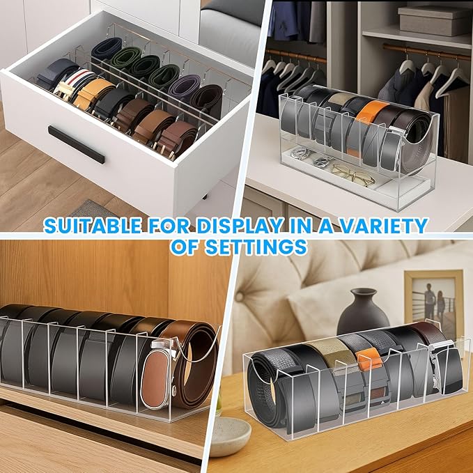 HAKDAY Belt Organizer, Acrylic Belt Storage Holder for The Closet 7 Compartments Display Case for Tie and Bow Tie