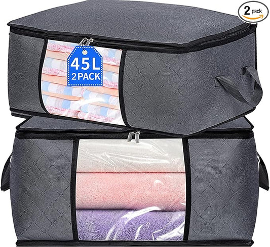 BiCINE 2 Pack Clothes Organizer Storage Bags with Zipper, 45L Foldable Blanket Storage Box with Clear Window Sturdy Handles for Closet, Dorm, Pillows, Bedding, Sweater, Clothing, Gray