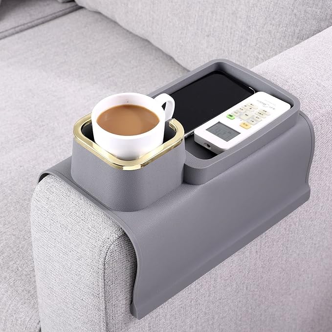 HMASYO Couch Cup Holder Tray - Silicone Sofa Armrest Table Couch Drink Holder and Tray Organizer for Remote Snacks Cellphone, Anti-Spill Anti-Slip Design, Gifts for Family Mom Dad Grandma