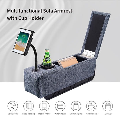 Multifunctional Sofa Armrest, Couch Armrest with Cup Holder, Removable Sofa Caddy with Storage,Equipped with LED Reading Light&Wireless Charge Stand, Navy