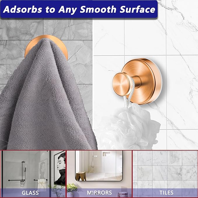 Epritliber Suction Cup Hooks for Shower,Wreath Hanger for Front Door,Removable No Drill Towel Loofah Hooks,Upgraded 15 lbs Strong Suction for Bathroom,Wall,Glass,Stainless Waterproof-Rose Gold 2 Pcs