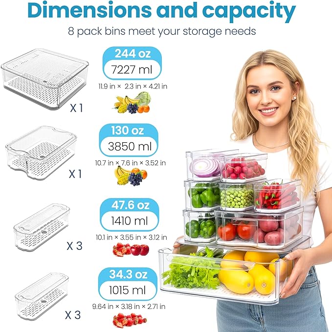 SMRCAD 8 Pack Refrigerator Organizers, Clear Pull-out Drawer Container and Organizer Bins with Lids, Stackable Storage Containers for Fruits, Vegetable (Set of 8 (Include Pull Out Drawer))