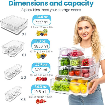 SMRCAD 8 Pack Refrigerator Organizers, Clear Pull-out Drawer Container and Organizer Bins with Lids, Stackable Storage Containers for Fruits, Vegetable (Set of 8 (Include Pull Out Drawer))