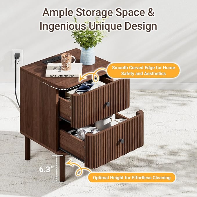 FavourLife Night Stand Set of 2 with Charging Station, 18" Fluted Nightstand with Rounded Corners & Solid Wood Legs, 2 Drawers End Table, Mid Century Modern Bedside Table for Bedroom, Walnut