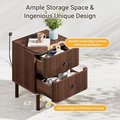 FavourLife Night Stand Set of 2 with Charging Station, 18" Fluted Nightstand with Rounded Corners & Solid Wood Legs, 2 Drawers End Table, Mid Century Modern Bedside Table for Bedroom, Walnut