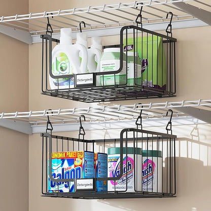 5-Tier Hanging Laundry Room Organizer with Label Cards,Foldable Wire Shelf Basket with 4 Rotating Hooks,Stacked Laundry Basket Organizer,Storage Rack for Laundry Rooms,Closet and Pantry-Black