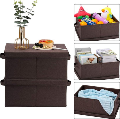 HOONEX Linen Foldable Storage Bins with Lids, 2 Pack, Storage Boxes with Carrying Handles and Sturdy Heavy Cardboard, 16.5" L x 11.8" W x 7.5" H for Shoes, Clothes, Brown
