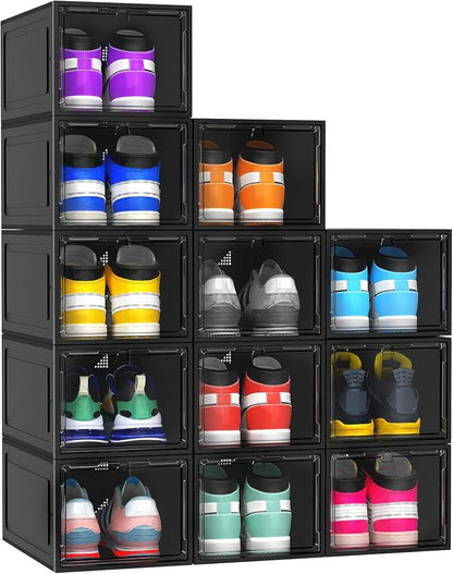 MCIJRJOI 12 Pack Hard Sturdy Thickened Rigid XX Large Shoe Storage Organizer for Closet, Clear Stackable Sneaker Shoe Boxes Rack Containers Display Case Bins with Lids, Black03