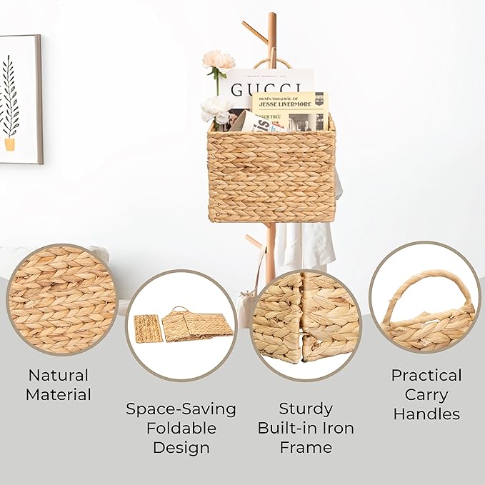 Water Hyacinth Magazine Wall Hanging Basket, Handwoven Wicker Wall Basket Organizer, Foldable Wall Basket for Mail, Towels, Books & Magazines, Boho Farmhouse Wall Decor for Entryway Bathroom Nursery