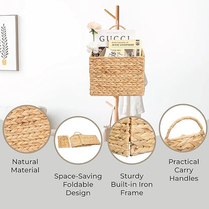 Water Hyacinth Magazine Wall Hanging Basket, Handwoven Wicker Wall Basket Organizer, Foldable Wall Basket for Mail, Towels, Books & Magazines, Boho Farmhouse Wall Decor for Entryway Bathroom Nursery