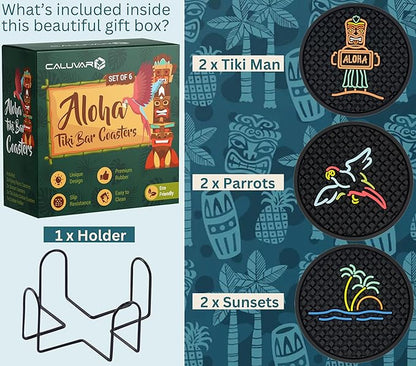 Aloha Tiki Bar Drink Coasters Set of 6 with Holder for Hawaiian and Luau Party Decorations with Tiki Warrior, Wave & Palm Tree and Parrot Designs, Tiki Bar Decor Silicone Coasters, Aloha Party Decor