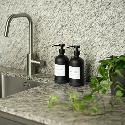 Hand and Dish Soap Dispenser for Kitchen and Bathroom, Set of 2 16 Oz Glass Bottles, Stainless Steel Pumps, Non-Slip Silicone Base, 27 Waterproof Labels (Matte Black Bottle/Black Pump)