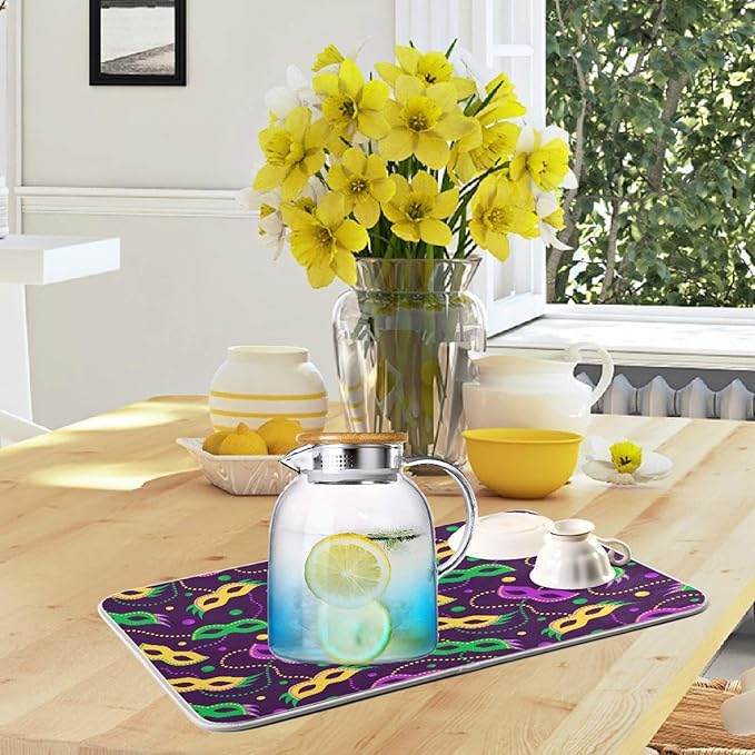 ZzWwR Colors Mardi Gras Carnival Absorbent Dish Drying Mat, 16 x 18 Inches Microfiber Kitchen Countertop Table Protector Multi-purpose Counter Rack Sink Drainer Pad