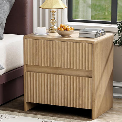 HOCAT Fluted Nightstand, 23" Wood Bedside Table with 2 Storage Drawers, Oak Modern Night Stand for Bedroom, Office, Oak