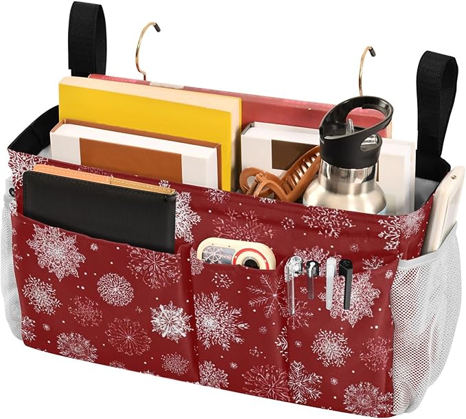 CuwrYet Bedside Caddy Hanging Bunk Bed Caddy Bed Organizer Hanging Pocket with 2 Hooks Bedside Storage Organizer Pocket Bag Holder Red Christmas Snowflakes