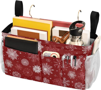 CuwrYet Bedside Caddy Hanging Bunk Bed Caddy Bed Organizer Hanging Pocket with 2 Hooks Bedside Storage Organizer Pocket Bag Holder Red Christmas Snowflakes
