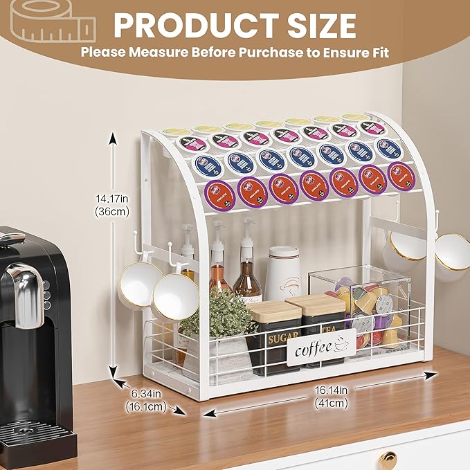 Metal K Cup Holder with Wooden Tray, 2-Tier Coffee Bar Organizer with Mug Hooks, Countertop Coffee Pod and Station Accessories – White