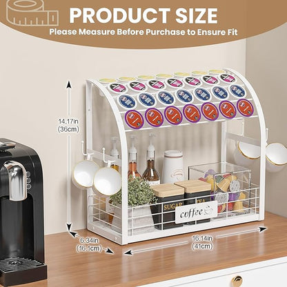 Metal K Cup Holder with Wooden Tray, 2-Tier Coffee Bar Organizer with Mug Hooks, Countertop Coffee Pod and Station Accessories – White
