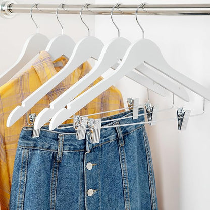 TOPIA HANGER Wooden Suit Hangers with Adjustable Metal Clips (20 Pack), Solid Smooth Wood Clothes Hangers, 360° Swivel Hook, Premium Pants Hangers for Clothes Coat, Jeans, Blouse-White,CT28W20