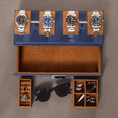 ROTHWELL Luxury Watch Display Case for 4 Watches – Leather Watch Box with Acrylic Cover and Removable Slide in Cushions – Accessory Drawer with Multiple Configurations (Blue/Tan)