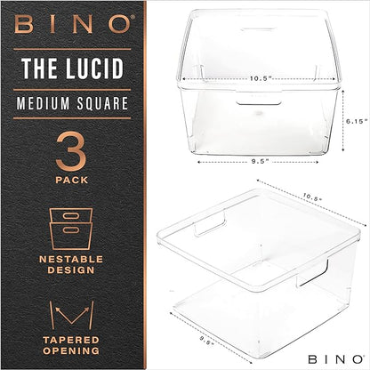 BINO | Plastic Storage Bins, Square - 3 Pack | THE LUCID COLLECTION | Multi-Use Bins | Built-In Handles | BPA-Free | Clear Containers | Fridge Organizer | Pantry & Home Organization