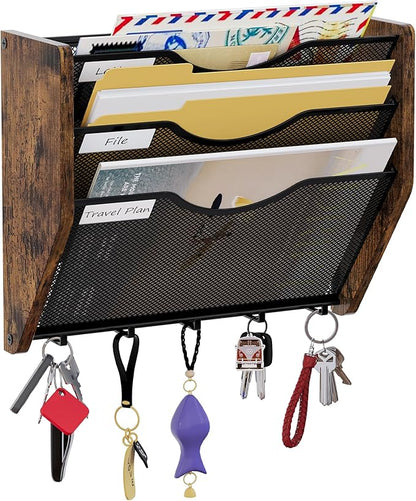 Wall File Organizer With Hooks,3 Tier Mesh Mail Organizer Wall Mounted,Hanging File Organizer,Magazine Holder for Documents,Magazine,Literature,File,Mails,Envelopes