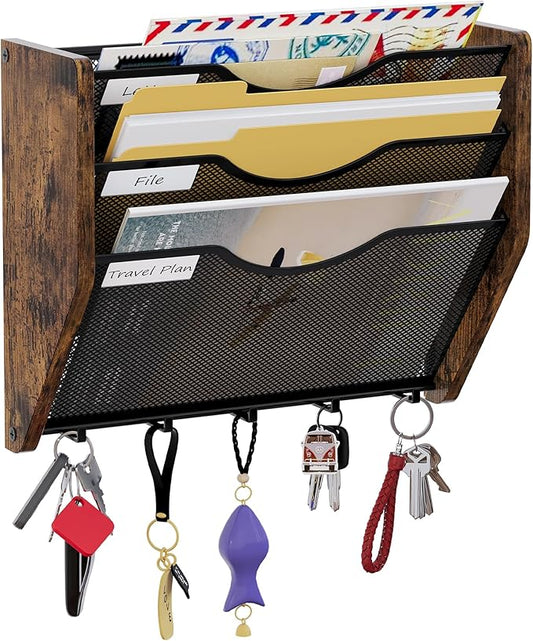 Wall File Organizer With Hooks,3 Tier Mesh Mail Organizer Wall Mounted,Hanging File Organizer,Magazine Holder for Documents,Magazine,Literature,File,Mails,Envelopes