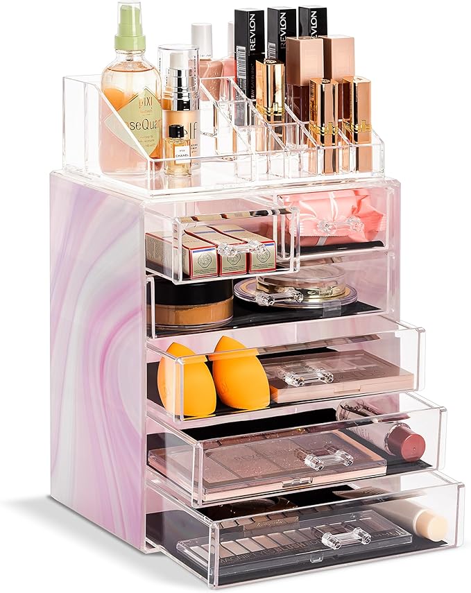 Sorbus Acrylic Makeup Organizer Set, 6-Drawer Vanity & Countertop Cosmetic Storage with Small & Wide Compartments, Tie Dye Makeup Storage for Brushes, Jewelry – Holiday Gift for Women & Teens