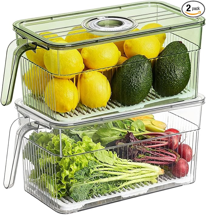 loobuu 2 Pack Stackable Food Storage Produce Saver Containers for Refrigerator, Berry Keeper Boxes for Fridge with Removable Drain Tray Keep Fresh for Vegetables/Fruit (Clear&Green)