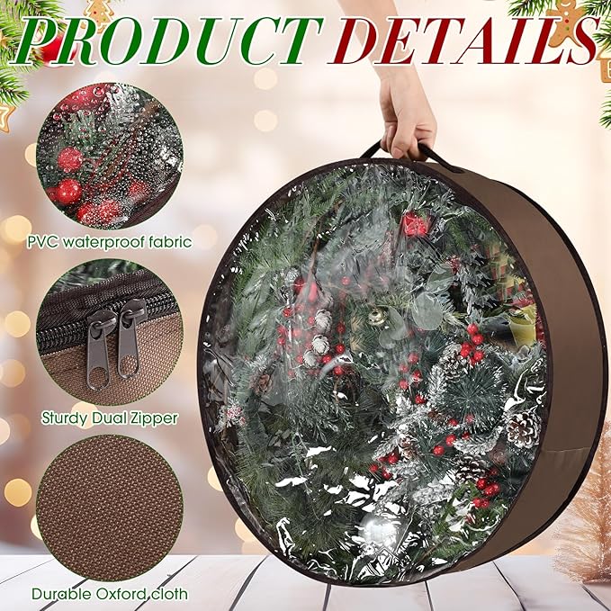 4 Pack Wreath Storage Container, 36 Inch Christmas Wreath Storage Box with Clear Window and Handles Upgrade Oxford Cloth Garland Bags with Dual Zipper for Xmas Wrapping, Brown