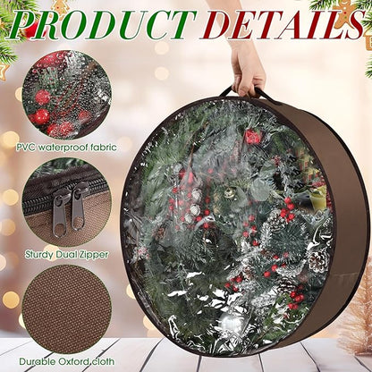 4 Pack Wreath Storage Container, 36 Inch Christmas Wreath Storage Box with Clear Window and Handles Upgrade Oxford Cloth Garland Bags with Dual Zipper for Xmas Wrapping, Brown
