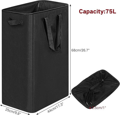 efluky Slim Laundry Basket, Narrow Laundry Hamper with Handles, Collapsible Dirty Clothes Hamper, Tall Laundry Bin for Laundry Room, Dorm and Bedroom, 19.8 Gallon(75L) Black (Pack of 2)