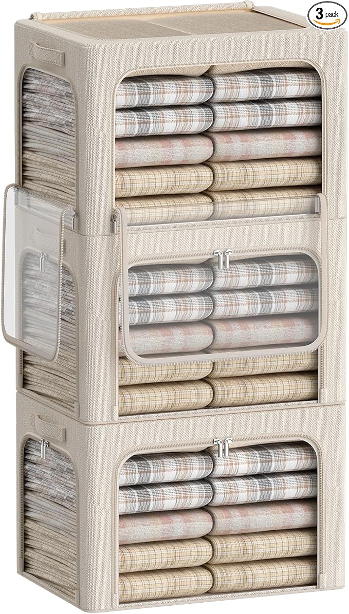 3 Openings Clothes Storage Bins Box - 3Pack Stackable Foldable Storage Bin - Metal Frame Storage Box Clothing Storage Organizer with Clear Window, Carry Handles (Beige, 100L-23.6x16.5x15.7in)