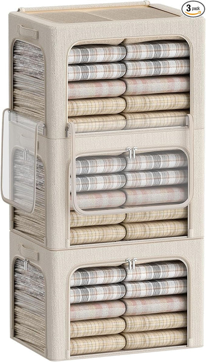 3 Openings Clothes Storage Bins Box - 3Pack Stackable Foldable Storage Bin - Metal Frame Storage Box Clothing Storage Organizer with Clear Window, Carry Handles (Beige, 100L-23.6x16.5x15.7in)