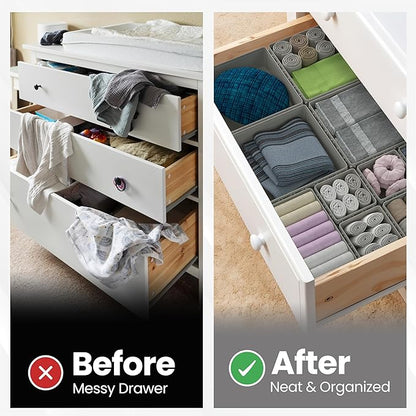 Drawer Organizer – 12 Pack Foldable Gray Fabric Storage Bins with White Airplanes | Baby Clothes, Diapers, Socks & Toys Organizer for Nursery Dresser, Closet & Bedroom Drawers