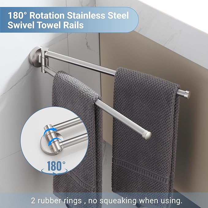 BGL Swivel Towel Bar for Bathroom Brushed Nickel,Swing Out Double Towel Bar 2-Arm Kitchen Wall Mounted Towel Hanger Holder for Bathroom Organizer
