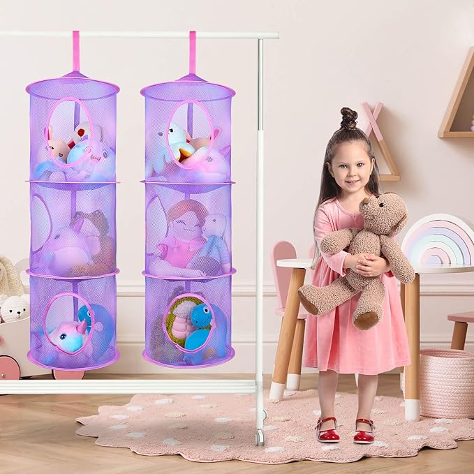 Basumee Stuffed Animals Net or Hammock 2 Pcs Stuffed Animals Storage Toy Net Hammock for Plushies Storage Organizer Mesh Kids Girls Room Decor, Purple, 3 Tiers