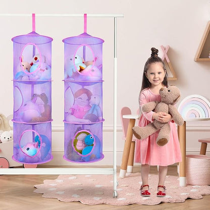 Basumee Stuffed Animals Net or Hammock 2 Pcs Stuffed Animals Storage Toy Net Hammock for Plushies Storage Organizer Mesh Kids Girls Room Decor, Purple, 3 Tiers