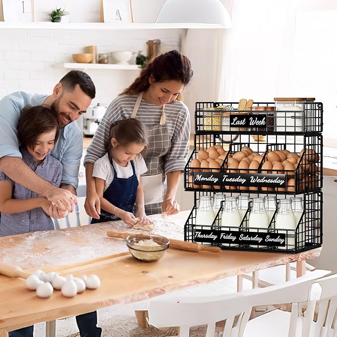 Egg Basket for Countertop, Egg Holder Countertop with 5 Dividers & Labels, 3 Tier Stackable Wire Storage Baskets to Keep Eggs Organized, Egg Organizer Decorative Rack for Kitchen & Home, Black