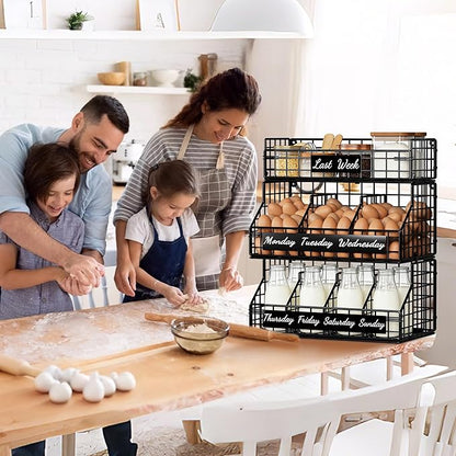 Egg Basket for Countertop, Egg Holder Countertop with 5 Dividers & Labels, 3 Tier Stackable Wire Storage Baskets to Keep Eggs Organized, Egg Organizer Decorative Rack for Kitchen & Home, Black