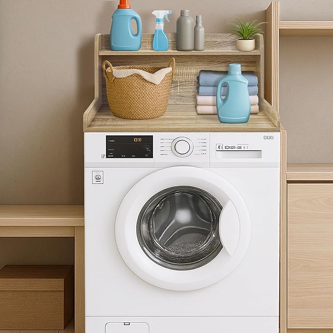 Royxen Washer Dryer Countertop with Shelf,2-Tier Laundry Countertop for Single Washer and Dryer,Soild Wood Core Washer Dryer Topper for Laundry Room Organization(White Oak)