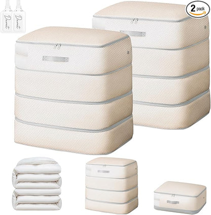 Easortm Comforter Storage Bag - 130L Large Capacity Blanket Storage Bags 4-Layer Ultra Space Saving Self Compression Organizer, Washable Compression Bags for Storage Comforter Blanket, 2-Pack, Beige