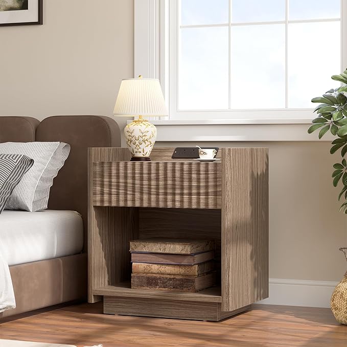Bigbiglife Fluted Nightstand with Charging Station, 22" Modern Side Table with Drawer End Table with Open Storage, Bedside Table for Bedroom, Living Room, Natural Oak (1, Dark Walnut)