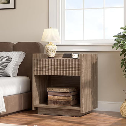 Bigbiglife Fluted Nightstand with Charging Station, 22" Modern Side Table with Drawer End Table with Open Storage, Bedside Table for Bedroom, Living Room, Natural Oak (1, Dark Walnut)