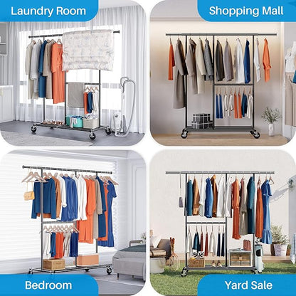 HOKEEPER Clothes Rack, Clothing Rack for Hanging Clothes Heavy Duty Garment Rack with Wheels Commercial Portable Freestanding Closet Rack with Shelves for Bedroom, Living Room, Laundry, Balcony, Black
