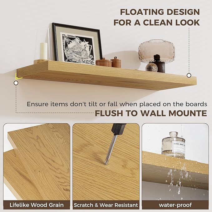 Fun Memories Square Floating Shelves for Wall, 9.3" W x 9.3" D x 1.4" H, Shelves for Wall with Invisible Brackets, Small Wood Storage Shelves for Kitchen, Living Room, Bedroom, Set of 3(Oak)