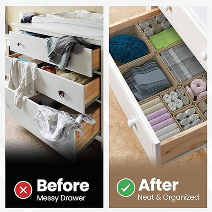 Drawer Organizer – 12 Pack Foldable Light Brown Fabric Storage Bins with White Bears | Baby Clothes, Diapers, Towels, Socks & Toys Organizer for Nursery, Dresser, Closet & Bedroom
